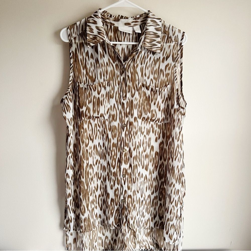 Chicos Brown Semisheer Animal Print Button Front Tunic Tank Top 2